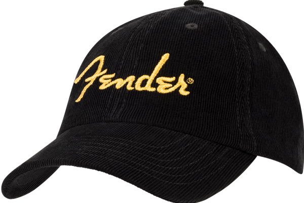Fender® Gold Spaghetti Logo Corduroy Baseball Hat, Black, One Size