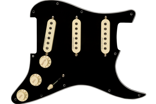 Pre-Wired Strat Pickguard, Hot Noiseless SSS, Black 11 Hole PG