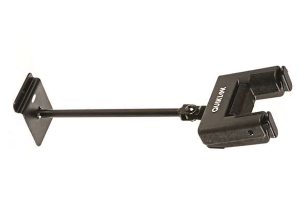 Slatwall guitar hanger with extra-long arm & self-locking yoke device