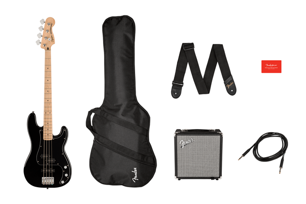 Affinity Series™ Precision Bass® PJ Pack, Maple Fingerboard, Black, Gig Bag, Rumble 15 - 120V