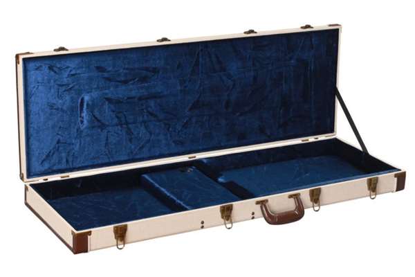 Beige hard-shell wood case for bass guitars with crushed velvet interior